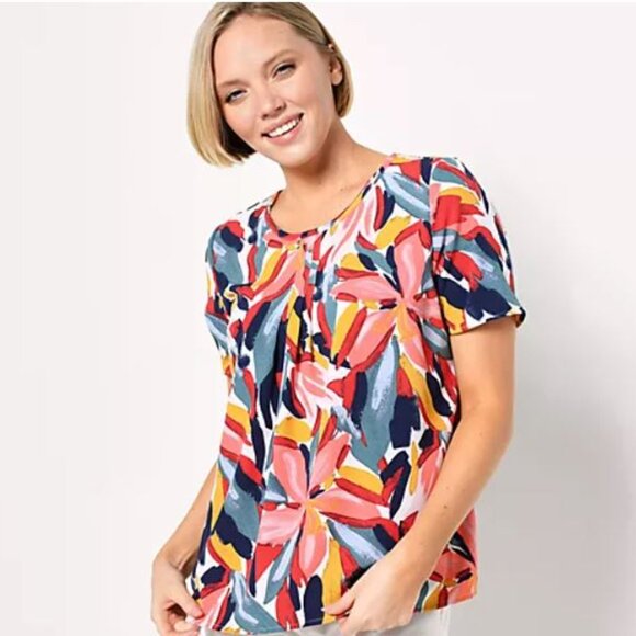 Denim & Co. Printed Pintuck Short Sleeve Blouse- Deep Teal Multi, Medium - Picture 1 of 4